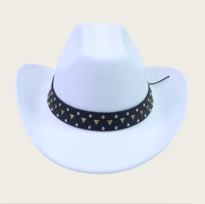 Stylish Leather Rivet Belt Design Felt Cowgirl Hat Women Men Wide Brim Jazz Cap Western Caps for Daily Life & Party