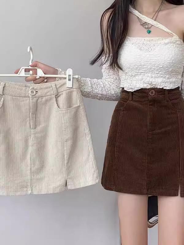 Women's High Waist Corduroy A-line Skirt – Autumn/Winter, Plus Size, Slimming Bodycon, Coffee Color, Petite