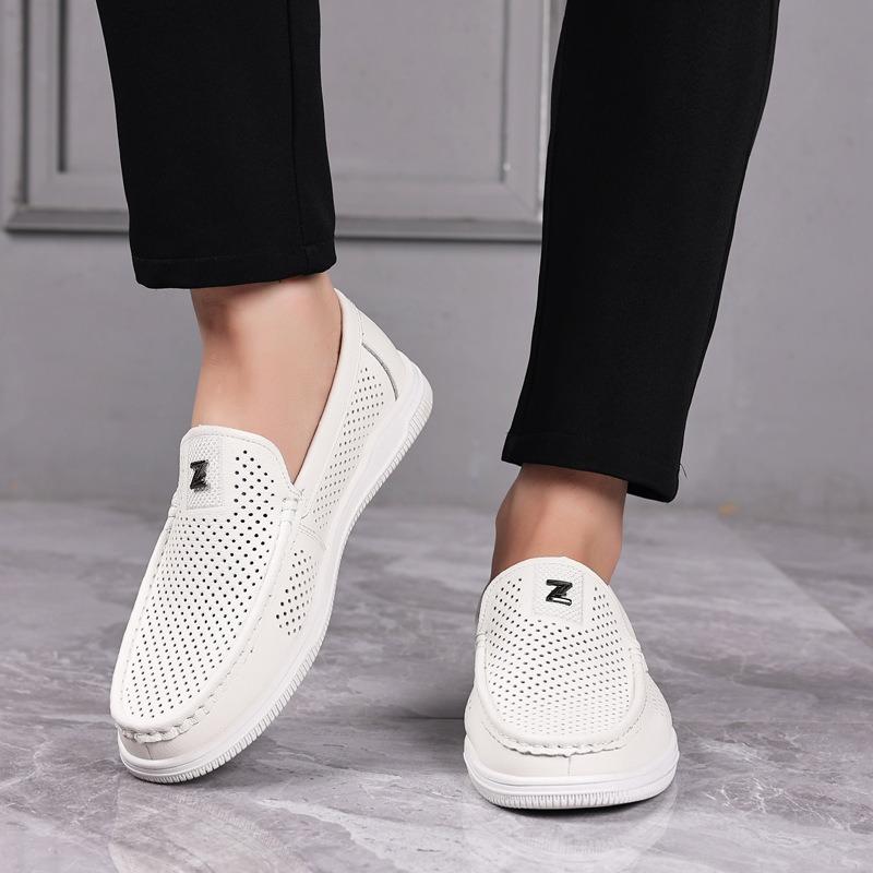 Men's shoes summer breathable thin hollow mesh white beanie shoes men's soft sole one pedal leather shoes