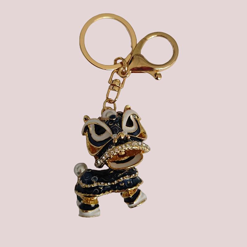 Chinese Style Lion Dance Rhinestone Metal Keychain Small Pendant Creative Backpack Keychain