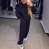 Conjunto de 2 peças Feminino Cor Sólida Body Completo Strass Quente Casual Gola Redonda Manga Longa Moletom com Cordão nas Pernas