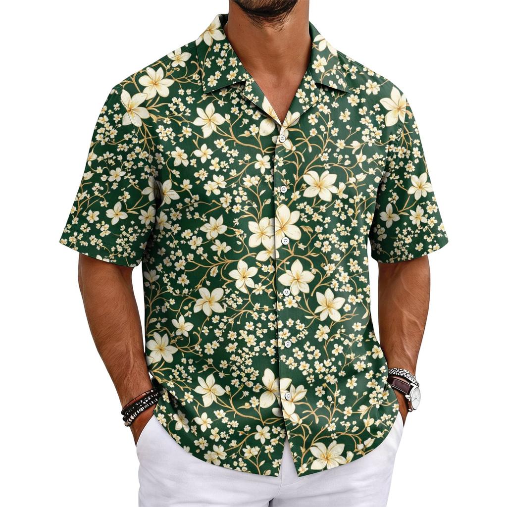 Herren Sommer Hawaiianhemd Kurzarm Kubanischer Kragen Knöpfe Casual Leichtes Atmungsaktives Gewebe Strandurlaub Hemd