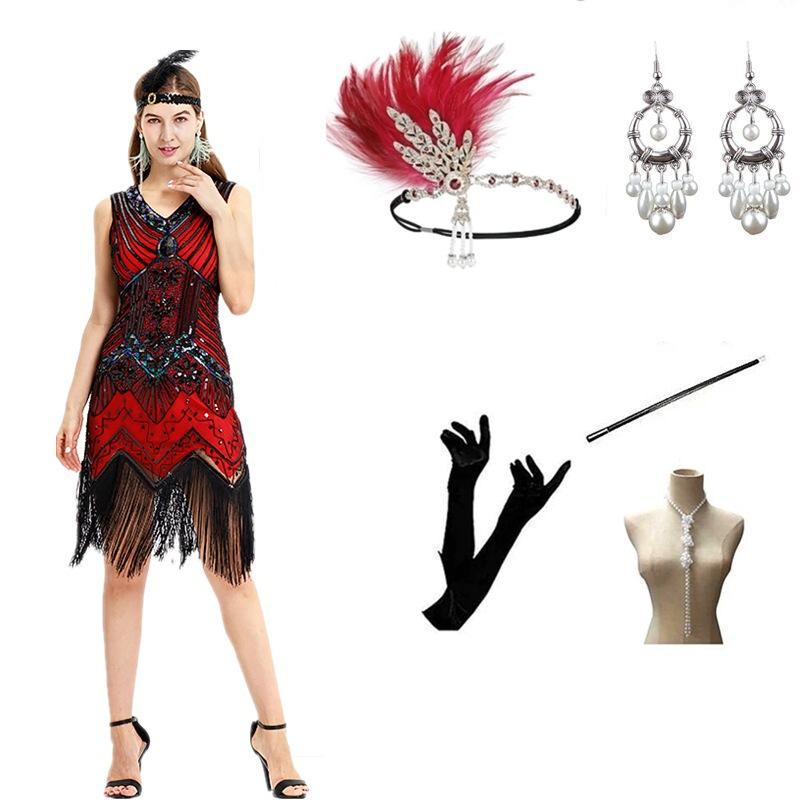 Large Size S-4XL Vintage Dress, Sequined Evening Dress Banquet 1920 Set