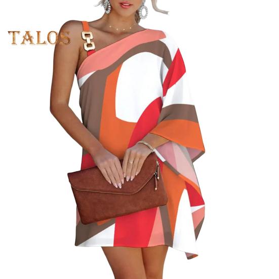 

Летнее женское платье с одним рукавом «летучая мышь» с открытыми плечами, нерегулярный принт, наклонный вырез, свободная цепочка, декор, пляжное мини-платье для отпуска L оранжевый