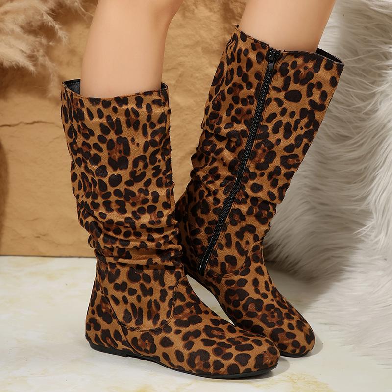 Fashion Sexy Leopard Print Mid Calf Boots for Women Autumn Winter Side Zipper Fashion Boots Woman Comfortable Flat Pleated Botas Mujer