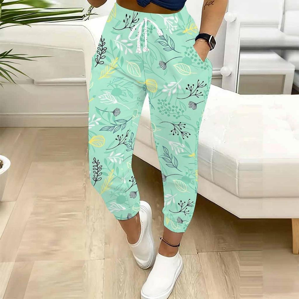 Summer Ladies Fresh Watercolor Printed Sweatpants Loose Fit Drawstring Joggers Elastic Cuff Daily Casual Pants