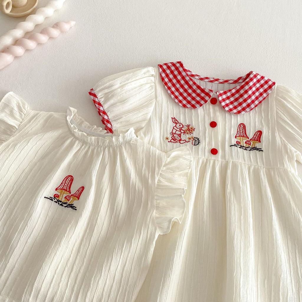 Baby Girls Summer Dress Plaid Bunny Embroidery Doll Collar Cute Toddler Dress