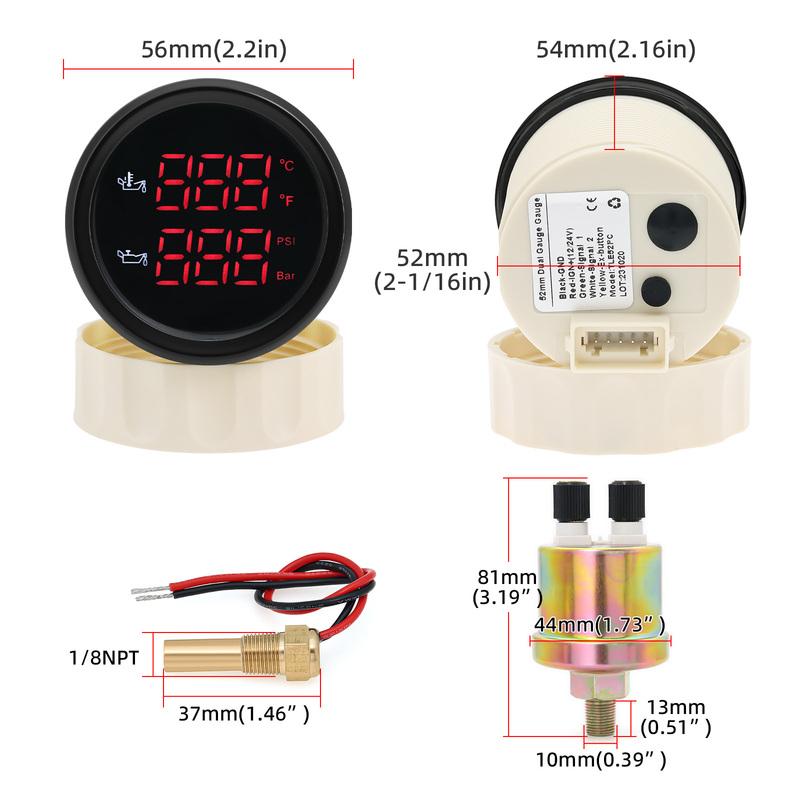 50~150 Celsius Oil Temperature Gauge + 0-10 Bar Oil Pressure Gauge 2 IN 1 Car Gauge with Sensor Red backlight for 12v/24v