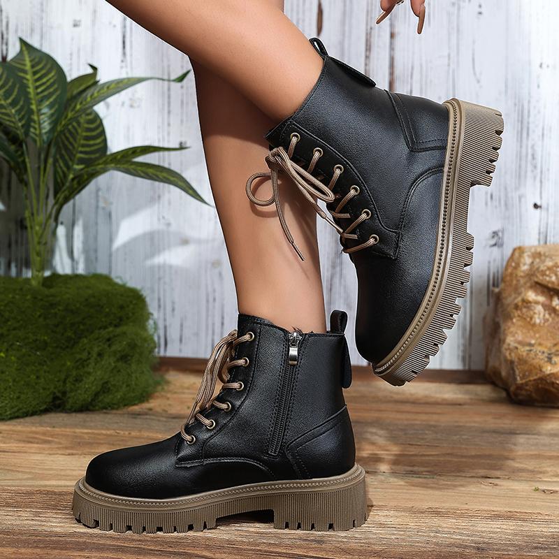 Fashion 2025 Lace Up Platform Ankle Boots for Women Autumn Winter Warm Plush Short Booties Mujer Plus Size Thick Sole Motorcycle Boots