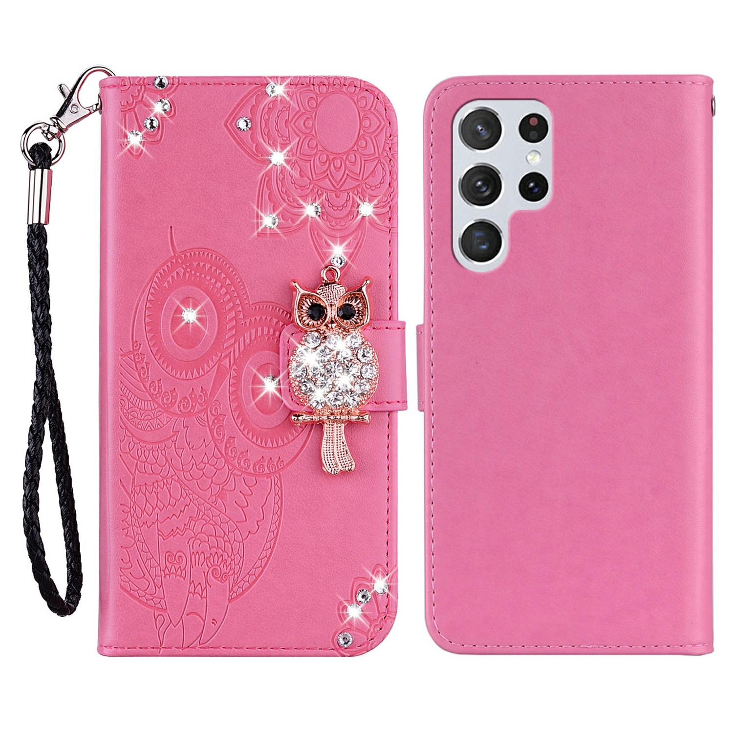 

For Samsung Galaxy S25 Ultra Wallet Case Owl Flower Imprinted Rhinestone Leather Cover Rose
