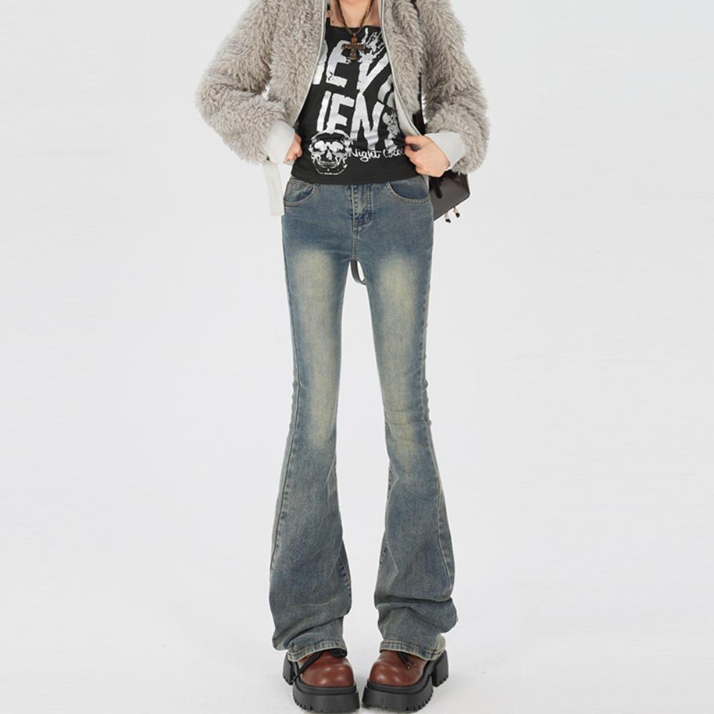 Personalized Versatile High-waisted Micro-pull Jeans Spring and Autumn New Double-buckle Thin Micro-flared Jeans