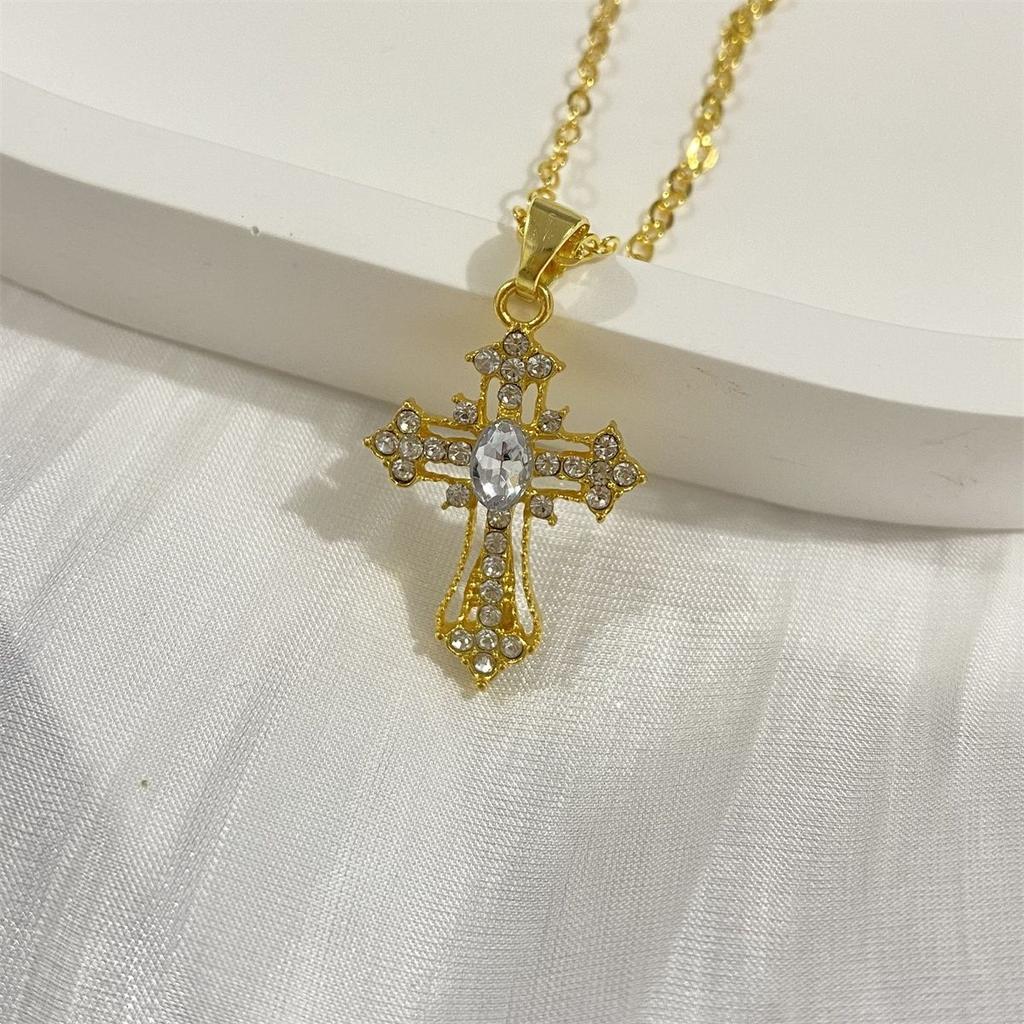 White Zircon Cross Necklace, Sparkling Diamond Pendant Collar Chain for Women