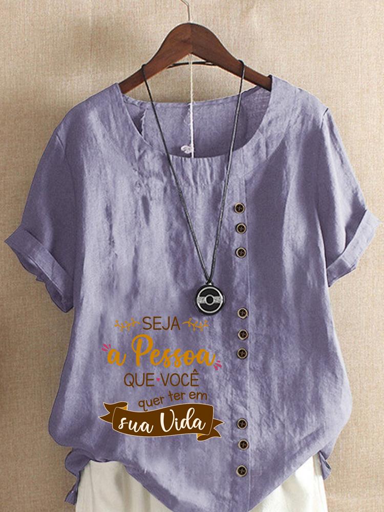 Women's Fashion Letter Print Round Neck Short Sleeve T-shirt Casual Cotton Linen Graphic Shirt Leisure Loose Summer Blouse Tops