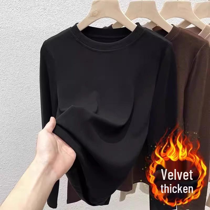 Women's Double-sided Plush Layer Top: Round Neck, Long Sleeve, Thick, Warm, Slim-fit, Brushed, Autumn/Winter Style 2025.