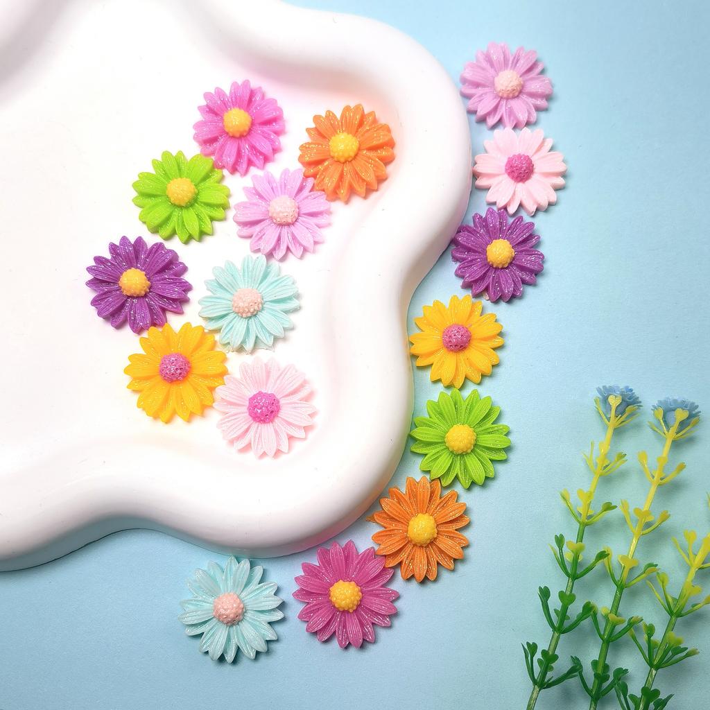 100pcs 21mm Kawaii Daisy Flower Charms Resin Flatback Cabochon for Diy Jewelry Making Brooch Hair Bows Phone Case Decoration