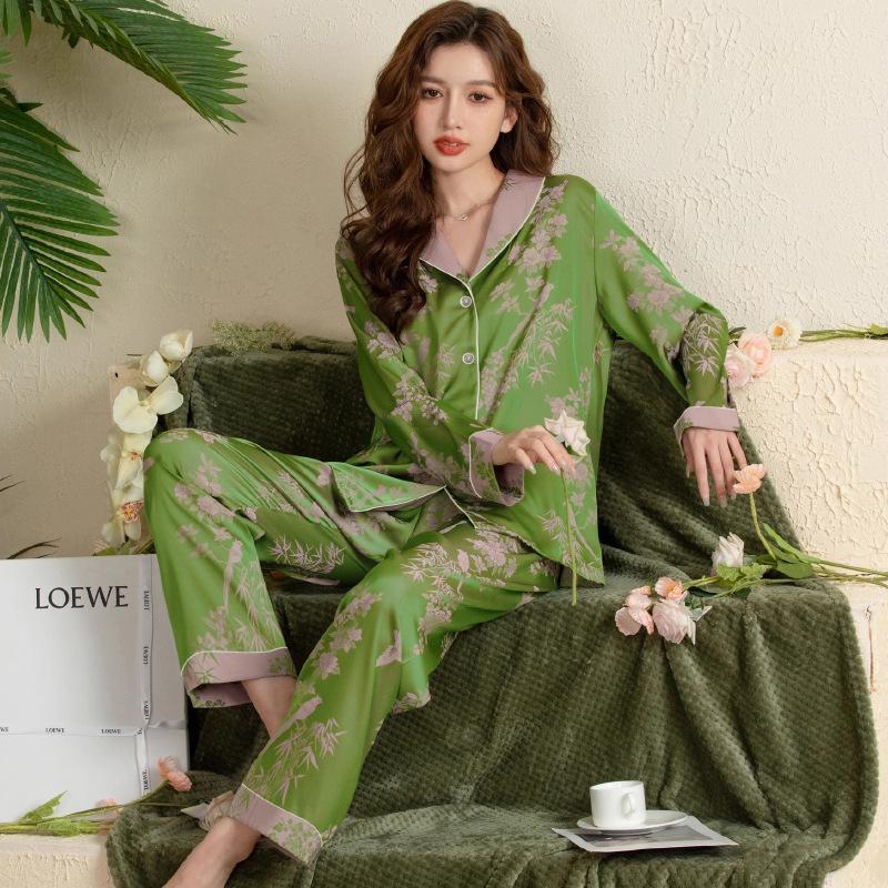 Summer High-End Green Fashion Lapel Pajamas Women'S Long-Sleeved Trousers Plant Flower Loungewear Set