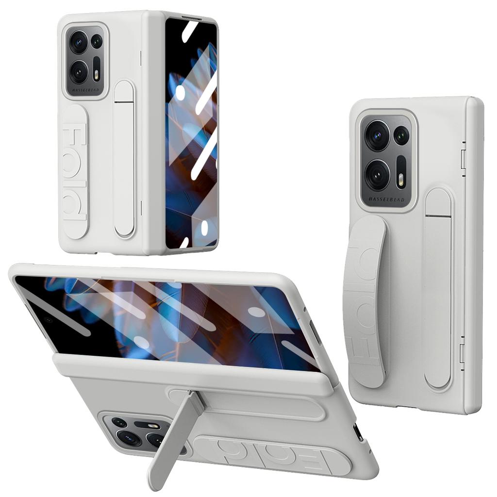 For Oppo Find N2 5G Case Kickstand Wristband PC Phone Cover with Tempered Glass Film