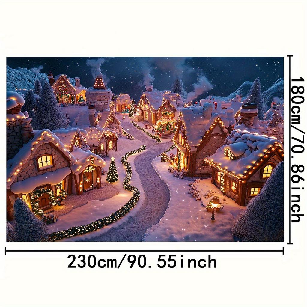 1 2D holiday Christmas snow village background with comfortable cabin passages sparkling decorations and flashing lights