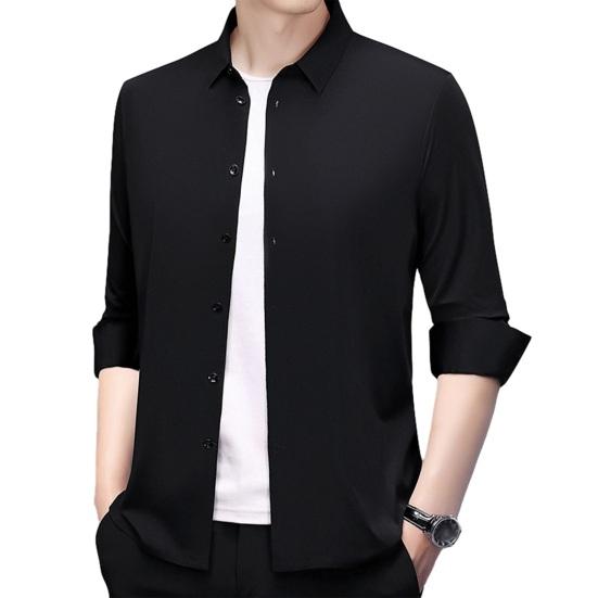 Men Shirt Lapel Long Breasted Shirt Color Elastic Fabric Tops Pure Sleeve Single Lightweight Breathable Shirt