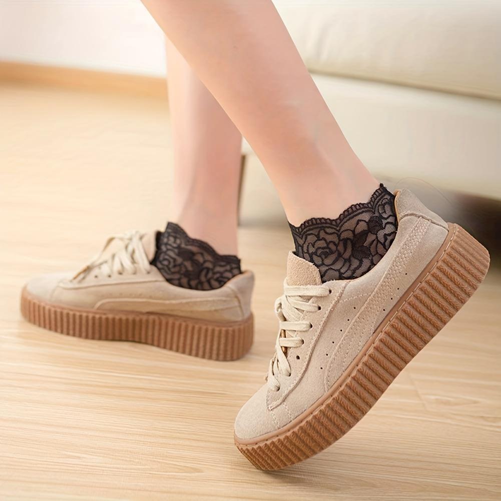 Șosete invizibile de vară pentru femei, cu model geometric din dantelă, bordură florală tricotată, respirabile, șosete de gleznă din dantelă