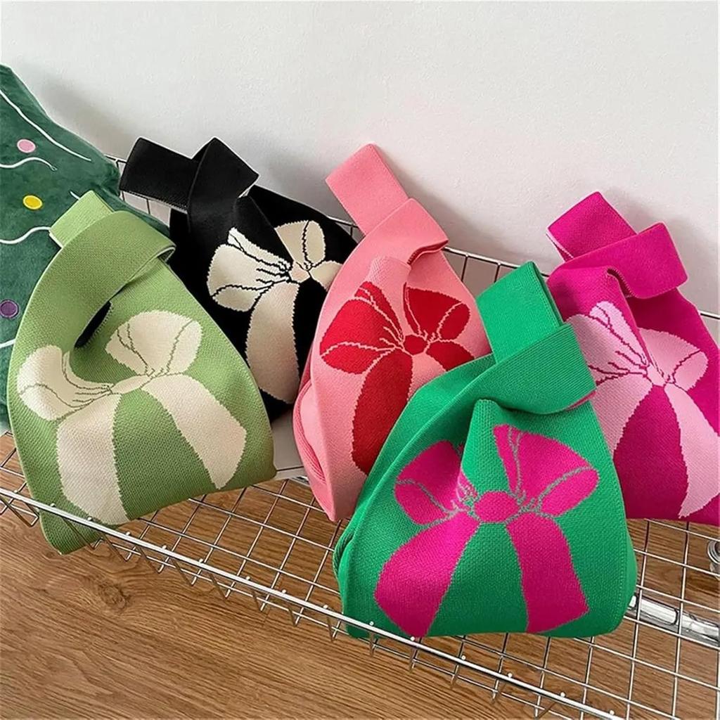 Knot Wrist Tote Handmade Knit Handbag Reusable Casual Bow Tie Knot Wrist Bag Fashion Shopping 20x36cm Knitted