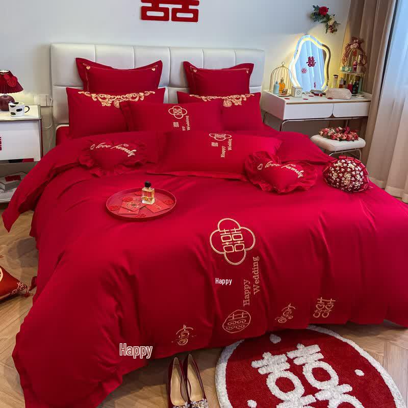 Qingjiufang Luxury Red Wedding 4-Piece Bedding Set
