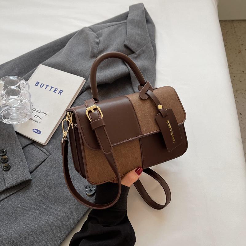 Bag women's splicing texture niche design messenger women's bag French retro bag tide flip small square bag women