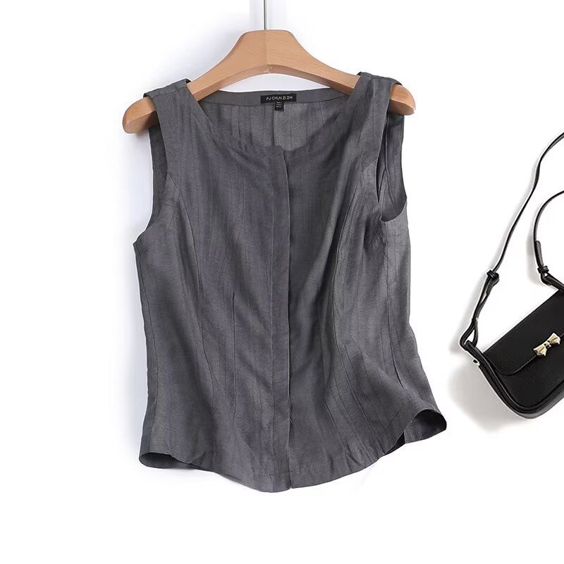 

MD Women clothes New French style Young Ol Style Gray Linen Suit Vest Sleeveless Shirts 06024657818 Grey L