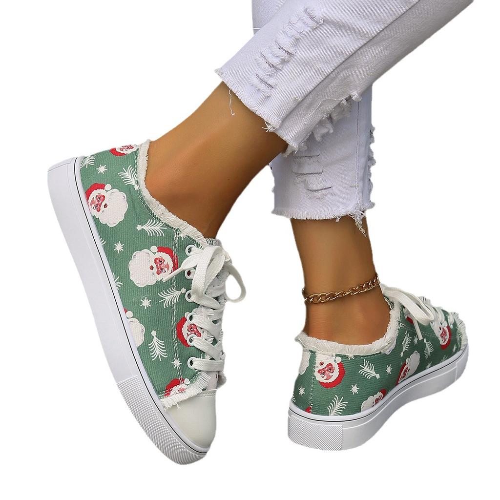 Christmas Casual Flat Baseplate Shoes Women's Large Size Santa Pattern Lace-up Canvas Shoes