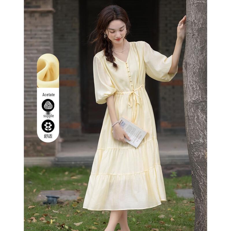 De Mana Eco-Acetate French V-Neck A-Line Midi Dress L