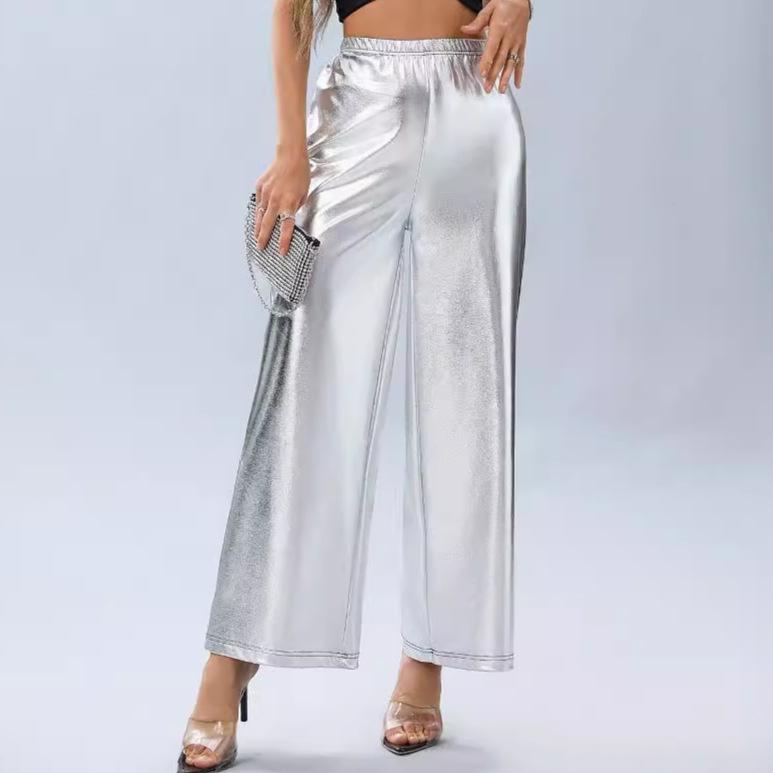 2024 New European & American Women's High Waist Silver Wide-Leg Casual Trousers