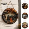 Vintage Style Holiday Sign Halloween Witch Hanging Sign, 8" Round Wooden Door Autumn Forest Porch Wall Witches Rustic for Home Front Decoration