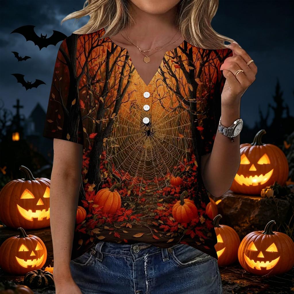 Womens Casual Halloween V Neck Short Sleeve Button T Shirt Spider Web Print Lightweight Top for Fall Seasonal Wear