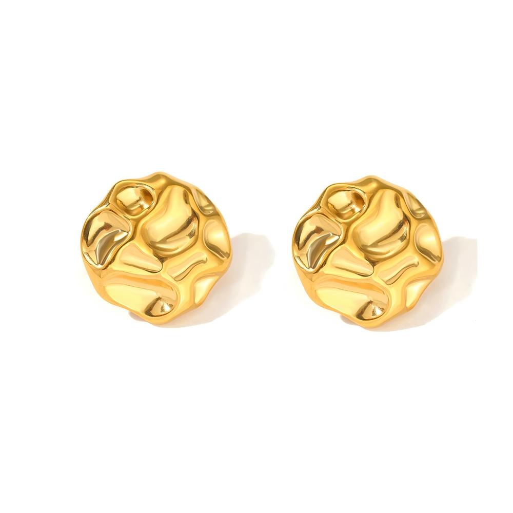 Round Irregular Stone-Shaped Pleated Gold Stainless Steel Stud Earrings for Women Vintage Korean Design Studs Jewelry Set
