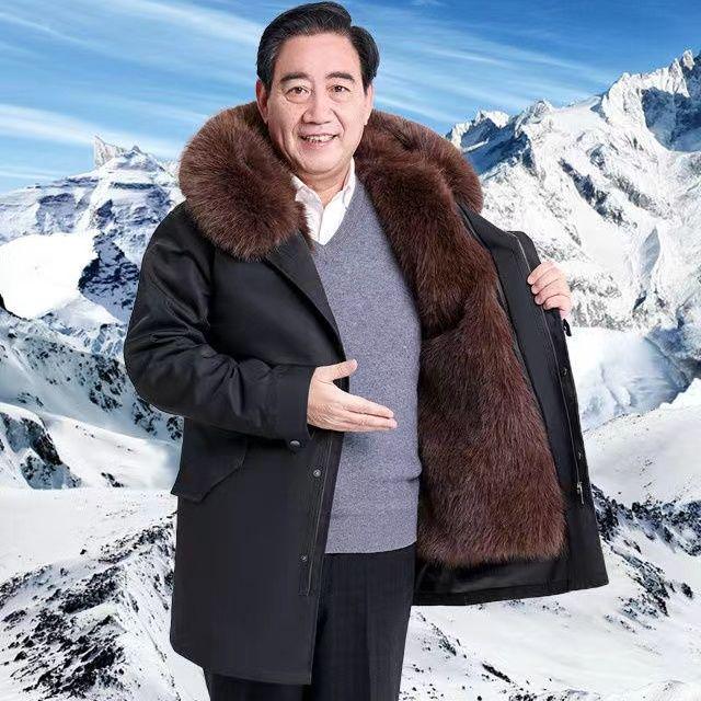 Men's Mid-Length Thickened Parka with Removable Fox Fur Liner and Fur Lining - Winter Coat