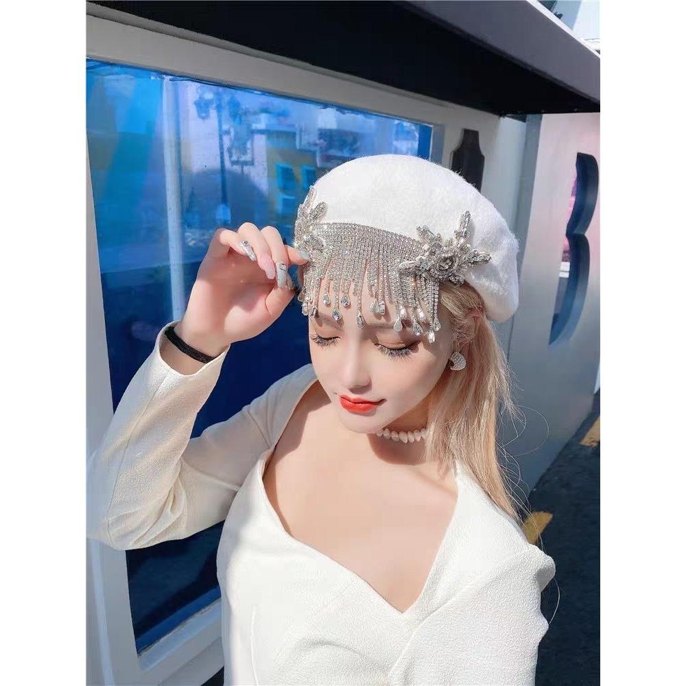 Dámské klobouky Originální Podzimní a Zimní Módní Retro Nádherný Lesklý Křišťál Dlouhý Střapec Haute Couture Vlna Malířský Baret