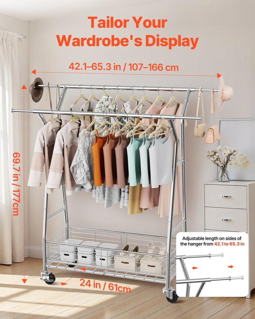 Clothes Rack, Rolling Clothing Garment Rack with 2 Hanging Rods and Storage Basket, 150 kg Load Capacity, Extendable Carbon Steel Clothing Racks with