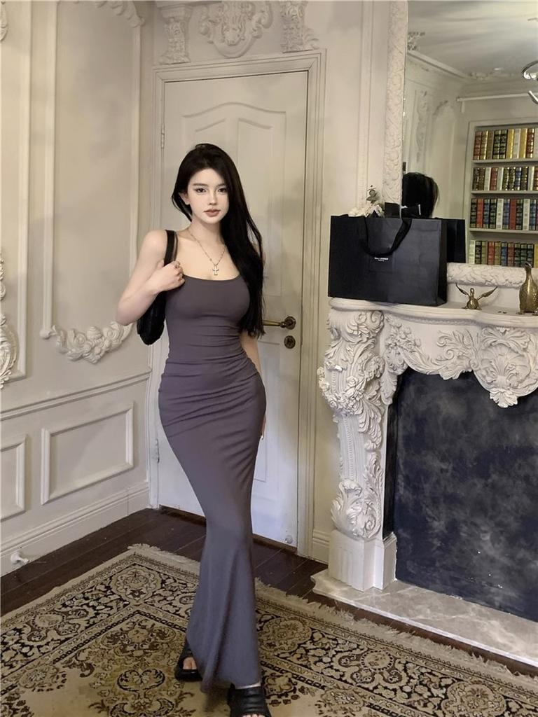 Mature Style Mature Woman Tight Solid Color Spaghetti Strap Dress for Women, New Autumn Slimming Fitted Hip-hugging Mermaid Long Dress