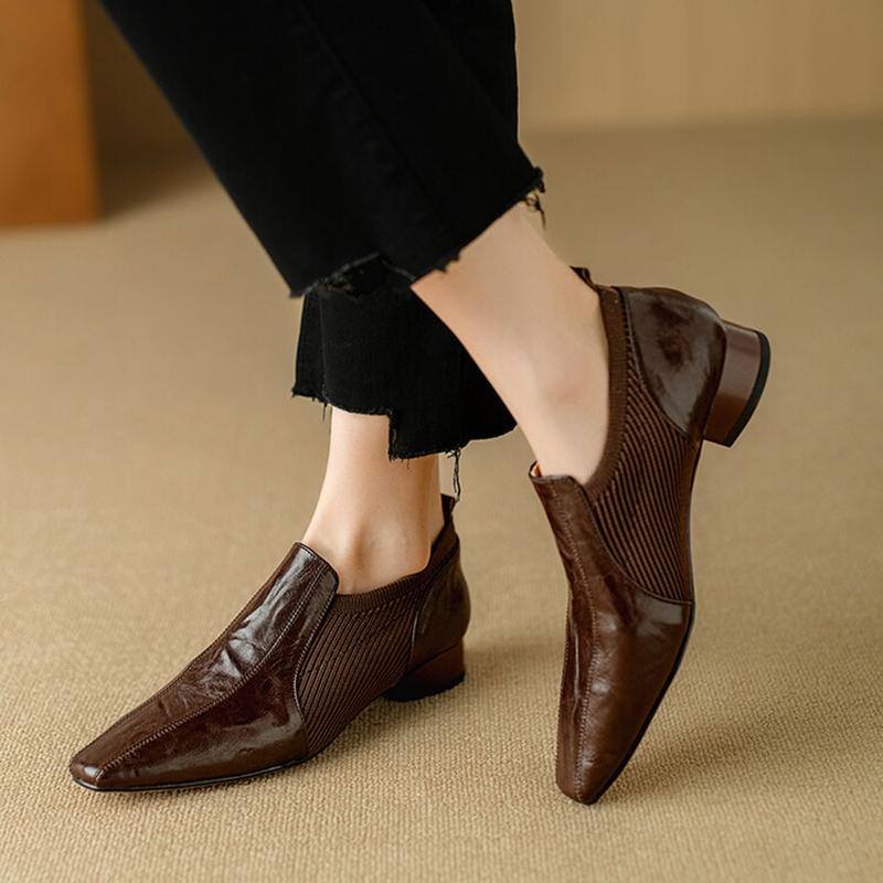 Fashion NEW Spring/Fall Women Loafers Genuine Leather Shoes for Women Square Toe Chunky Heel Shoes Retro Slip-on Women Pumps Black Shoes