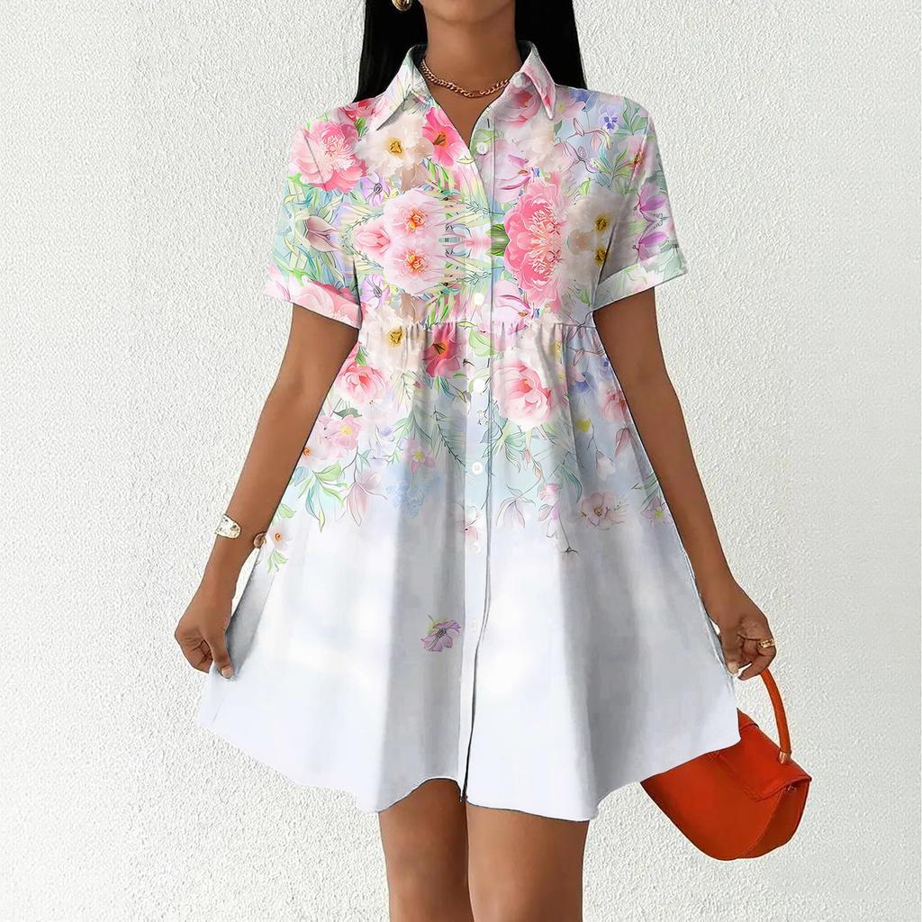Women's Casual Loose Fit Shirt Dress Button Down Collar Short Sleeve Floral Print Summer Dress