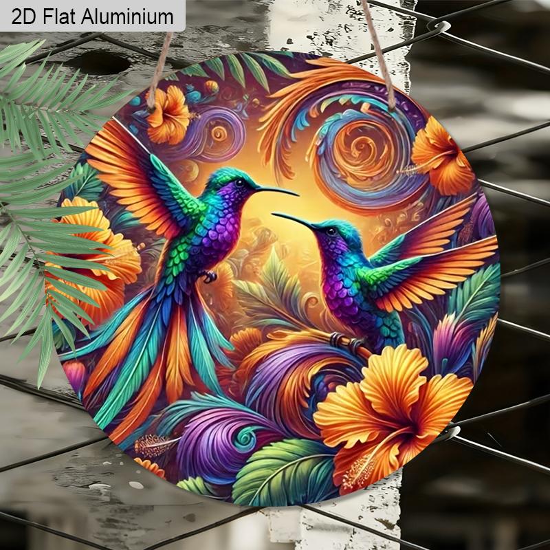 2D Flat 1pc Vintage Colorful Hummingbird Aluminum Sign Round Ornament, Home Office Garden Courtyard Living Room Balcony Decor, Indoor/Outdoor Door