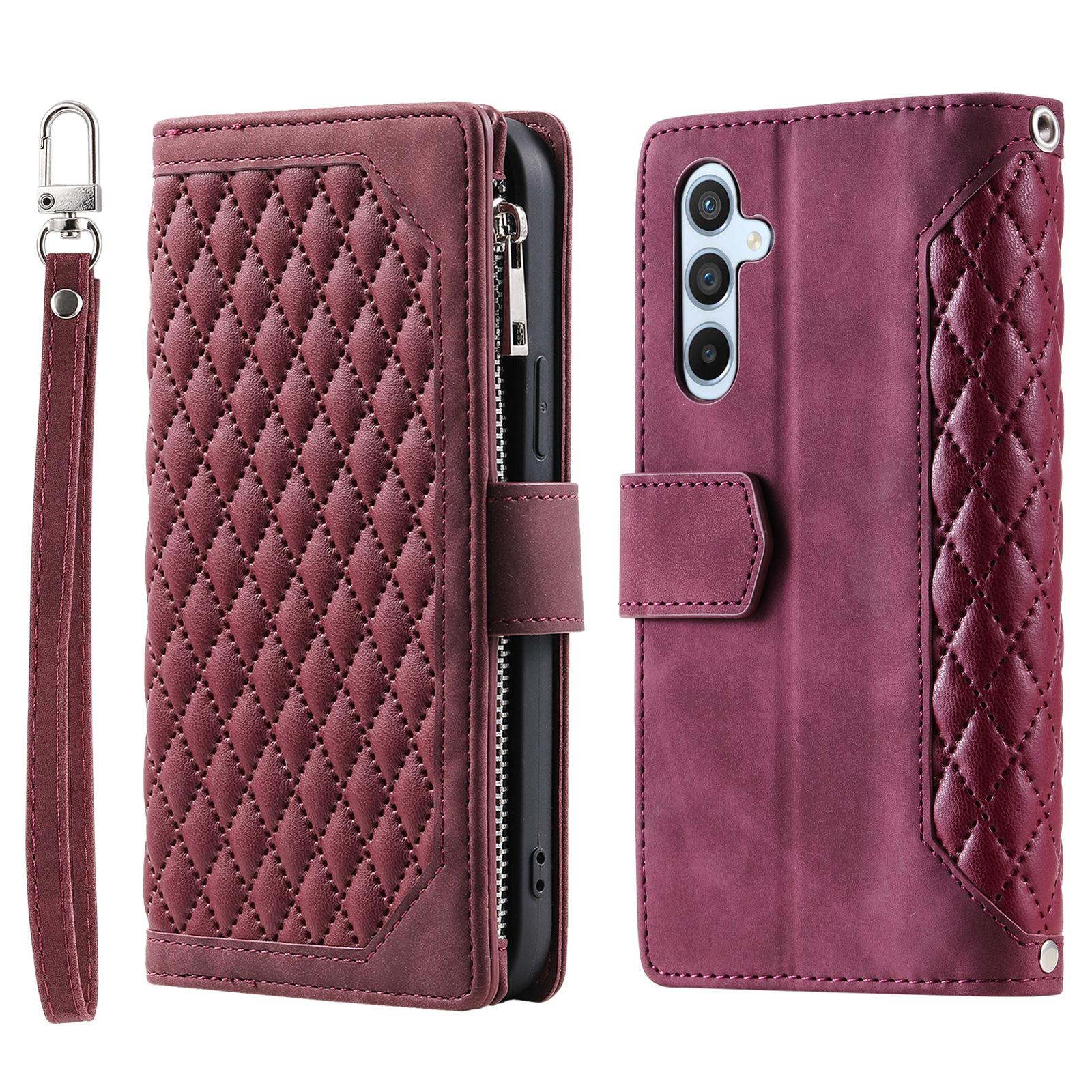 

For Samsung Galaxy A25 5G (Global) (161.0 x 76.5 x 8.3mm) Rhombus Texture PU Leather Phone Case Shell Wallet Stand Cover with Hand Strap Wine Red