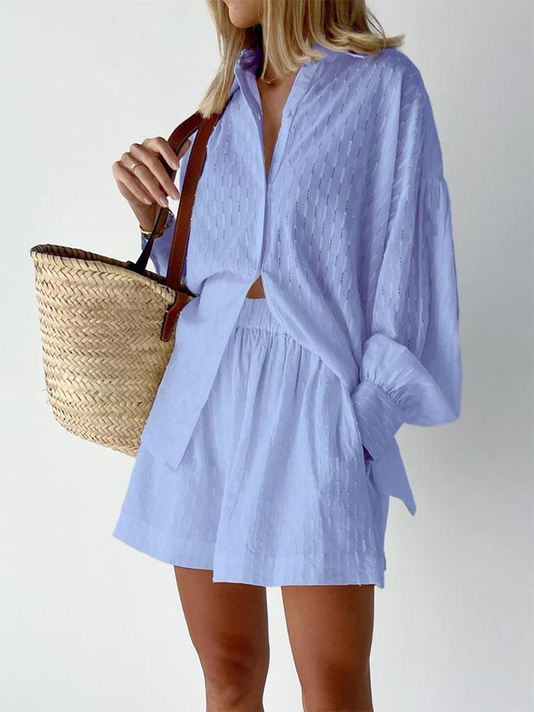 Summer Women's Jacquard Puff Sleeve Cardigan & Shorts Two-Piece Set - 2025