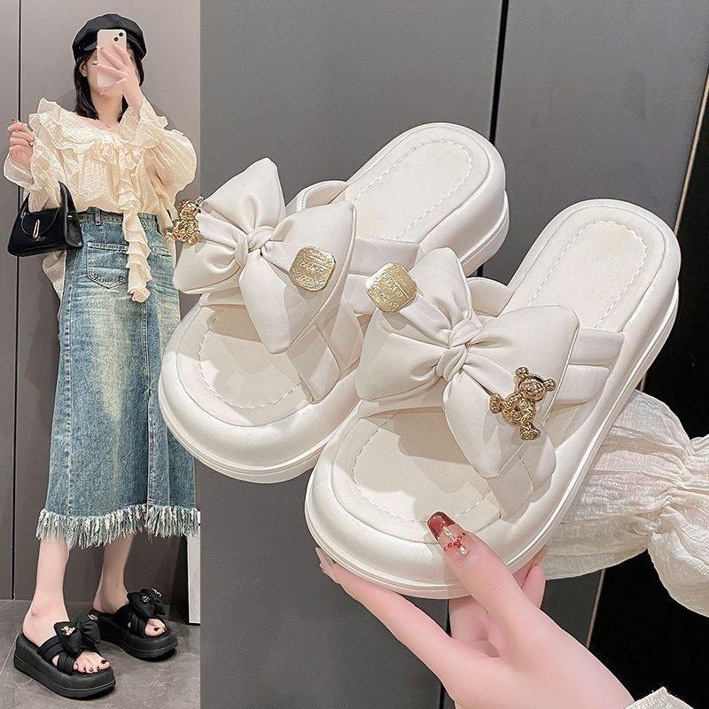 Slippers Female Summer 2025 New Outer Wear Bow Internet Celebrity One-word Drag Fairy Wind with Skirt Non-slip Beach Shoes