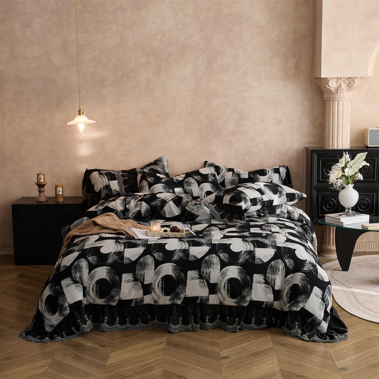 60s Chinese Retro Style Pure Cotton Double-Layer Gauze 4-Piece Bedding Set with Embroidery Lace 1.5m Bed Sheet Set