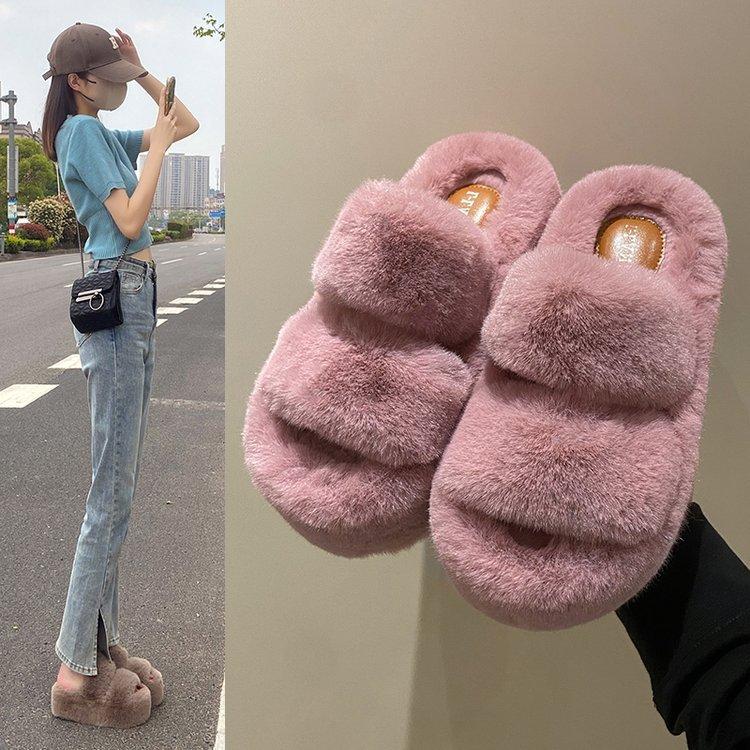 

7Cm thick bottom milk tea color evening wind fluffy slippers women s 2025 autumn and winter new outer wear soft bottom cotton slippers outer wear 42