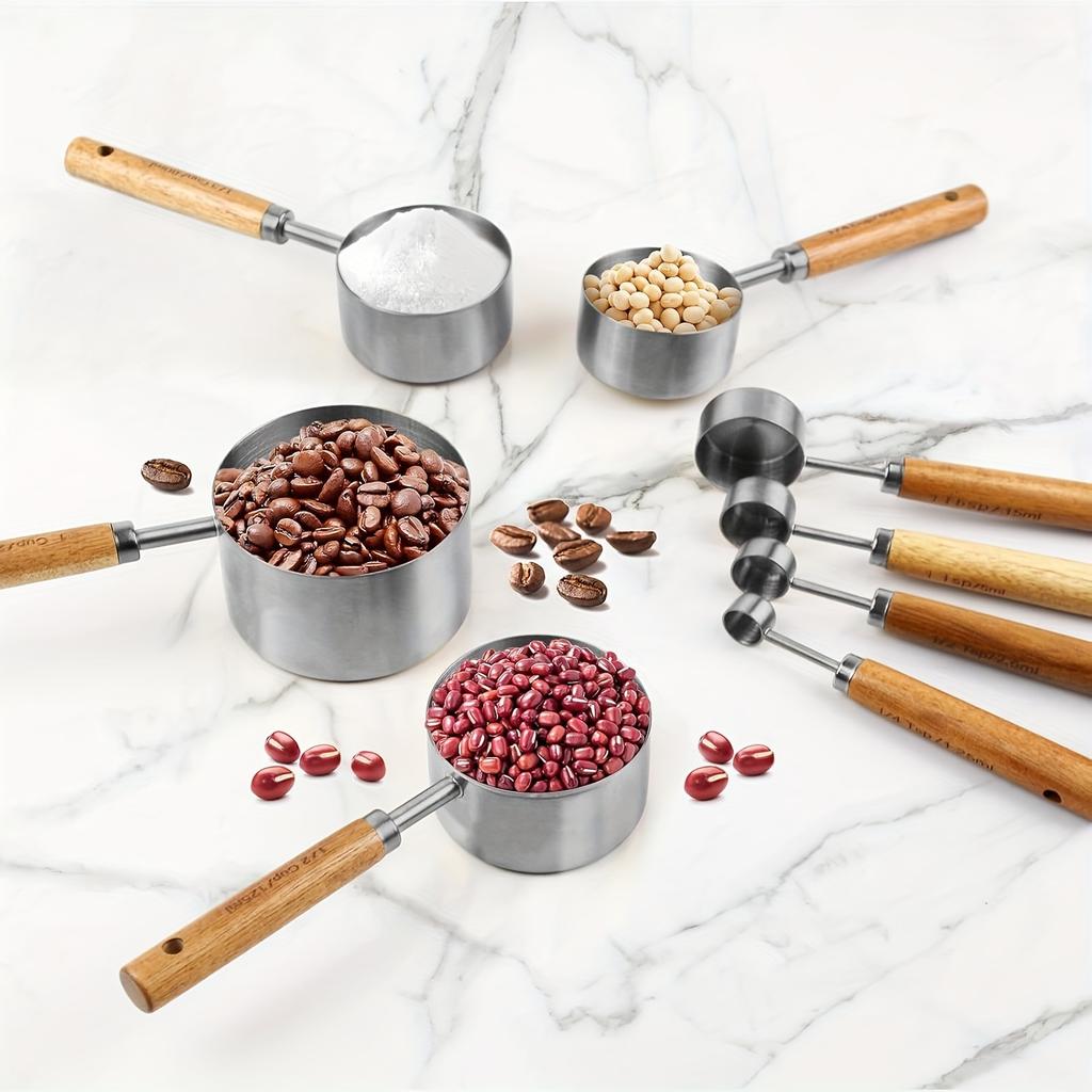 Multiple colors available Stainless steel measuring cup and spoon set with wooden handle Metric and American wooden handles High-quality