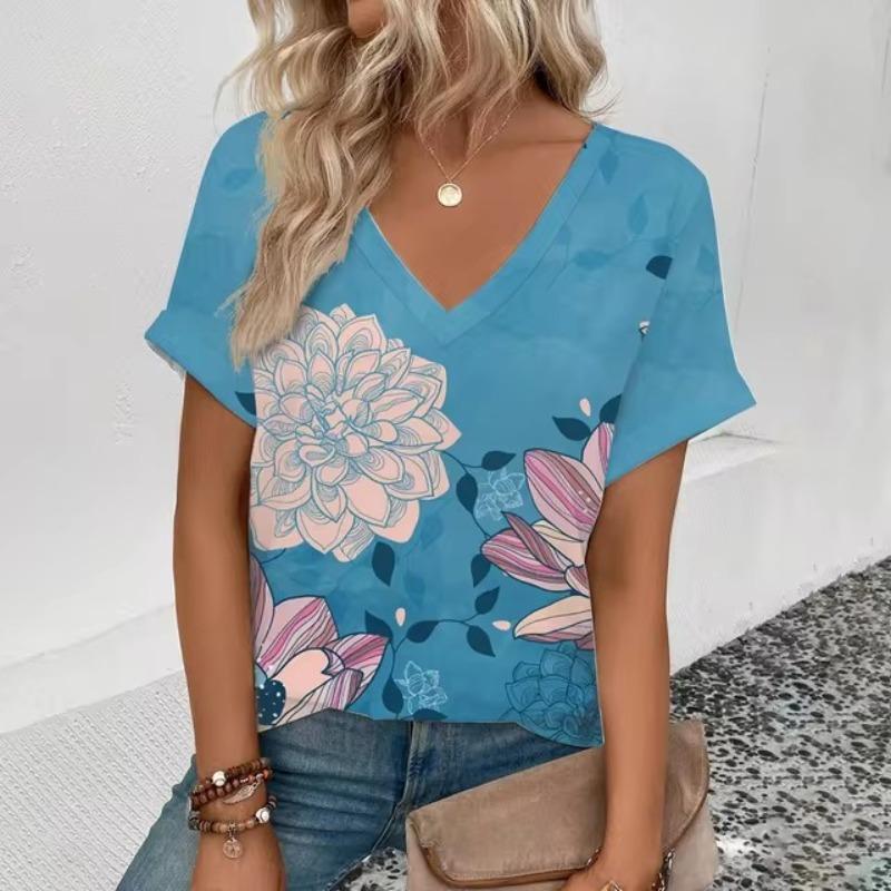 Dam V-ringad T-shirt Retro Elegant Blommönster Mode Tryck T-shirt Sommar Fritid Dam Populär Kortärmad T-shirt