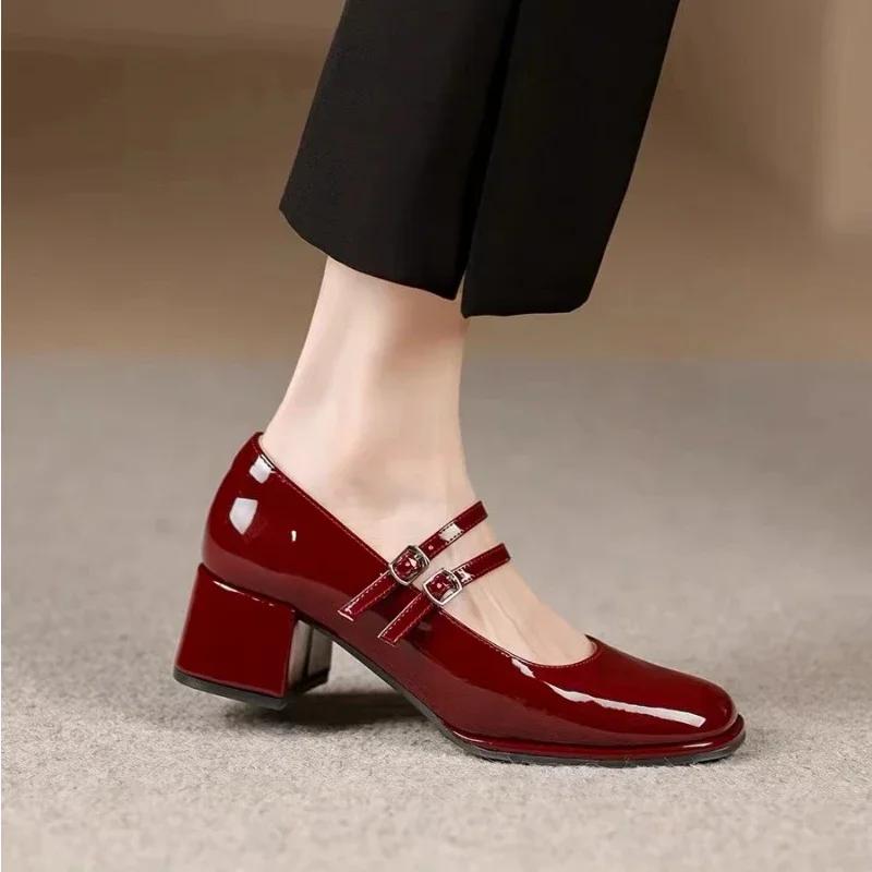 Fashion Patent leather rough single-heeled women's shallow-mouthed women's shoes 2024 summer new style with a word belt Mary Jane shoes