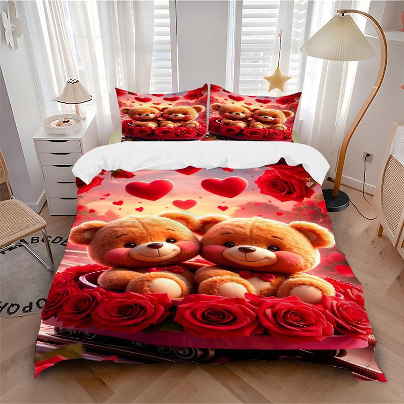 3pcs Anime Teddy Bear Bedding Set - Includes One Quilt Cover and Two Pillowcases (No Core) - Perfect for Bedroom and Guest Room Decoration -